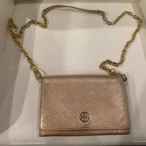 Tory Burch Rose Gold Chain Link Wallet Purse with Multiple Pockets